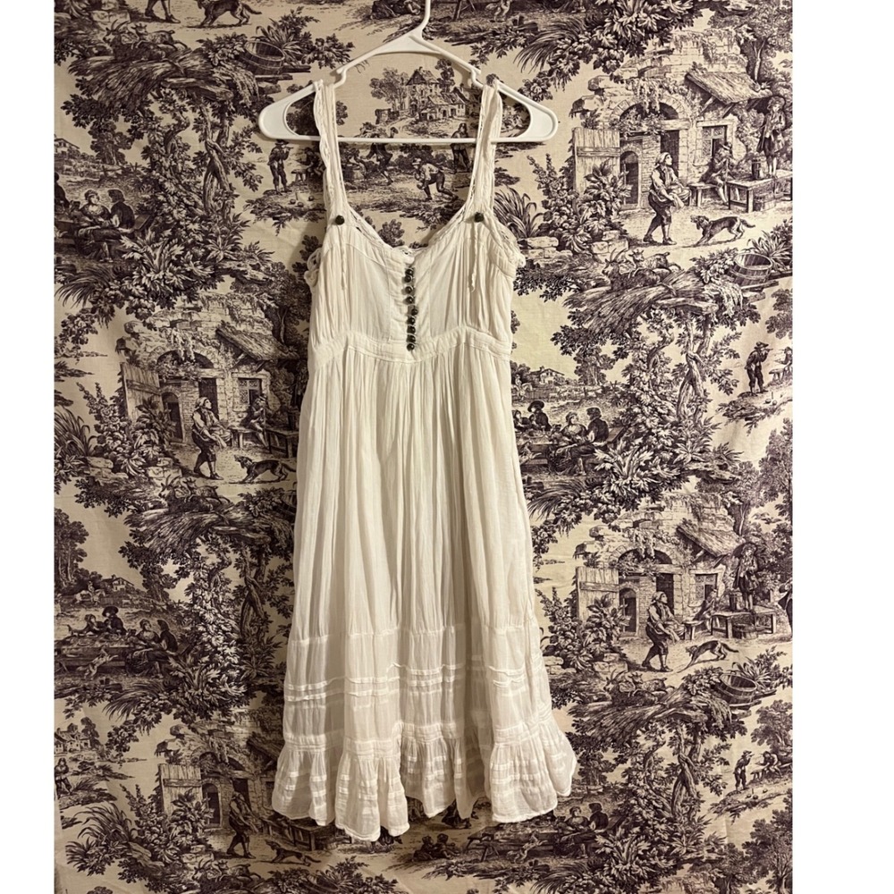 Da-Nang Surplus Indo-Chine White Cotton Gauze Boho Midi Dress Bell Buttons Small